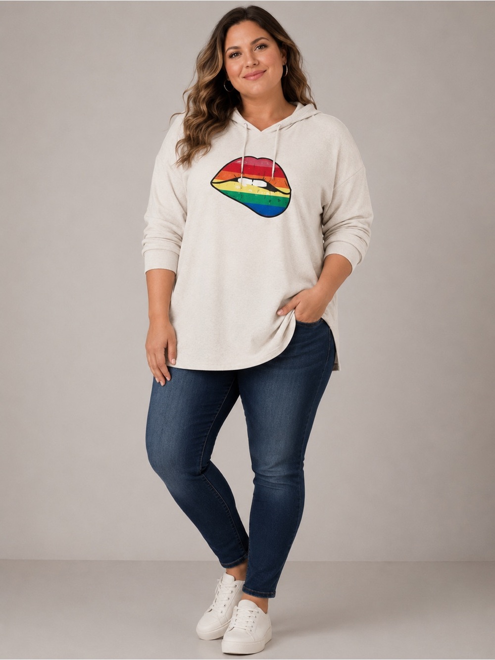 NWOT Torrid Rainbow Lips Oatmeal Raglan Hoodie Sz 2X